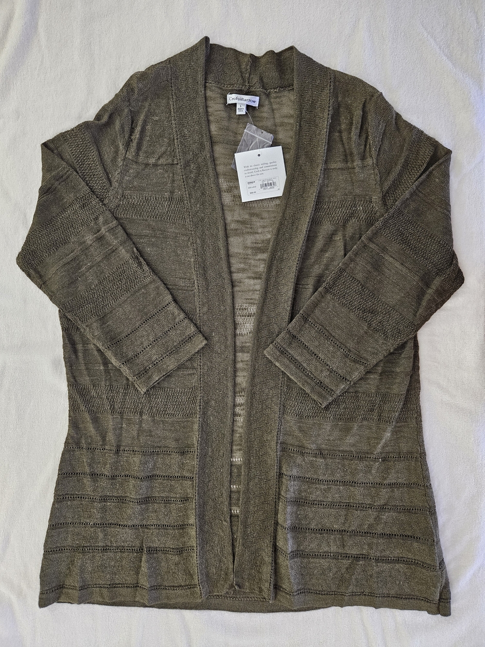 NWT Croft & Barrow Open Front Cardigan Sweater Olive Green Size L Ramie Blend